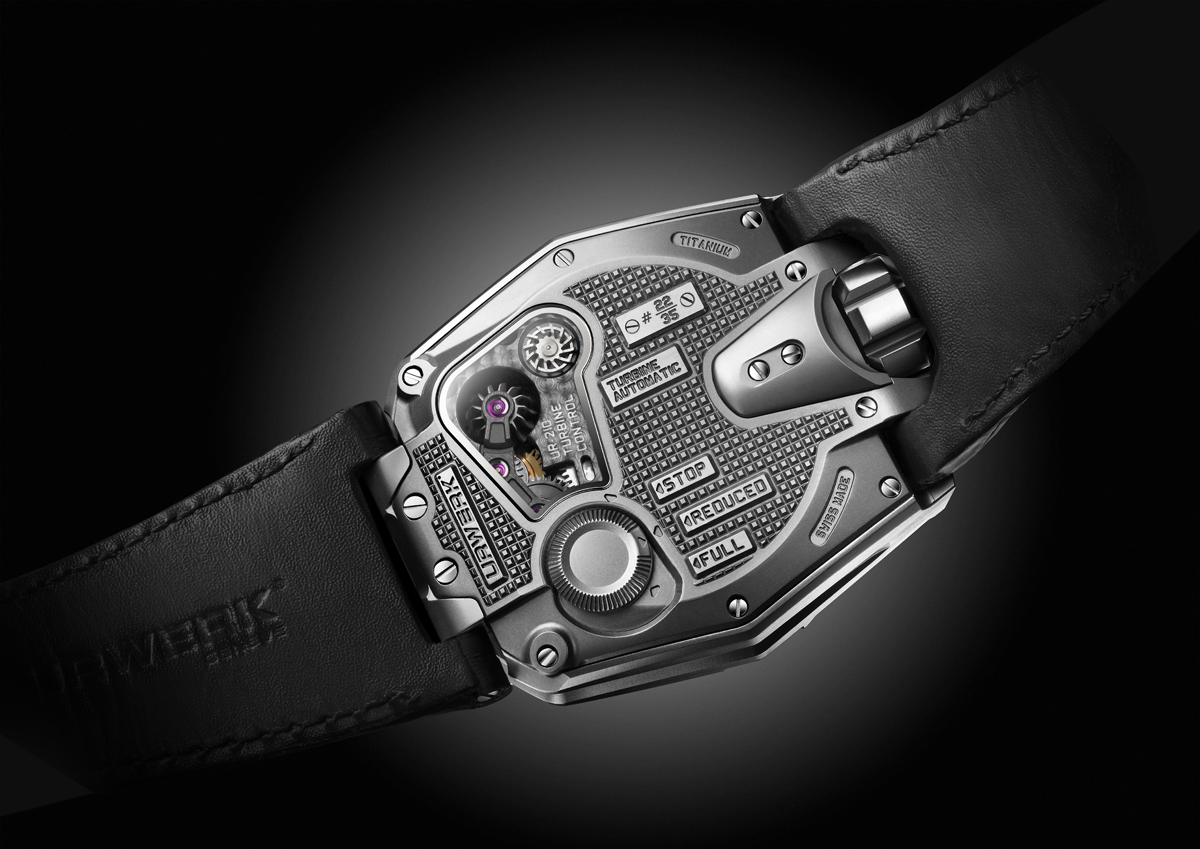 Urwerk UR 210 watch back Urwerk UR-210 Maltese Falcon features the worlds-first winding efficiency indicator.